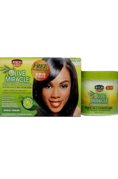 African Pride Olive Miracle Relaxer Kit (Reg)/Free 12oz Leave In Conditioner